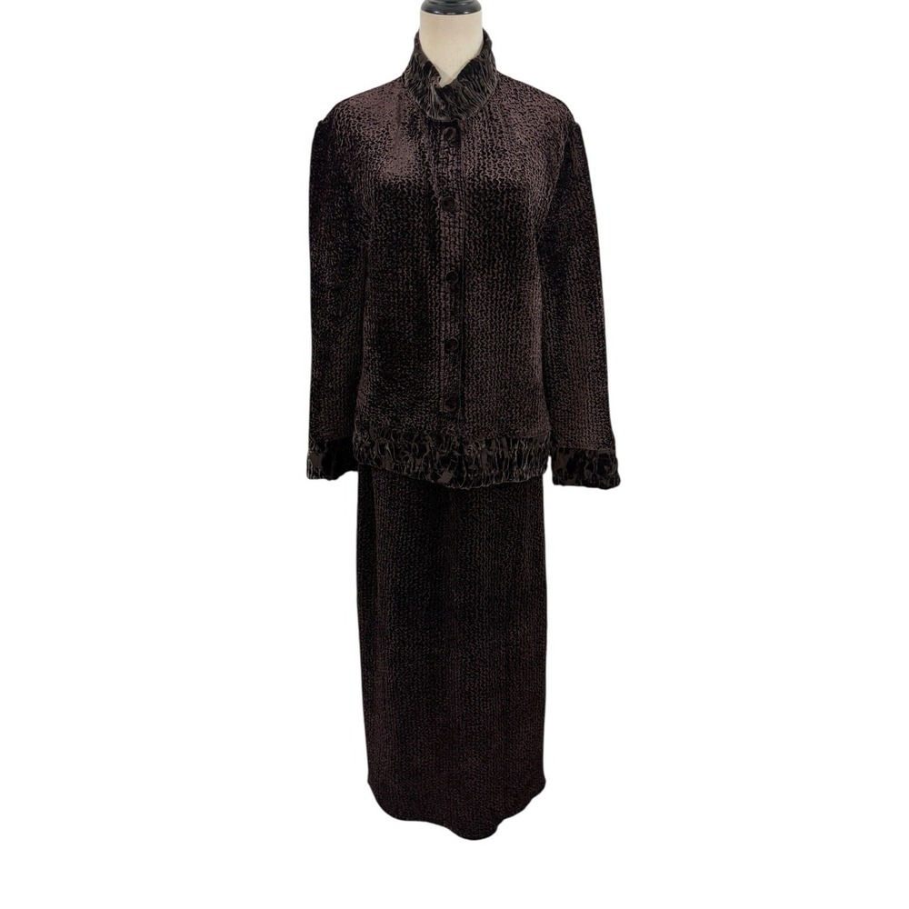 Vtg 90s‎ Aria A Brown Crinkle Velvet Top Skirt Set Sz L Boho Whimsgoth Feminine